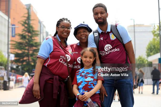 Aston Villa fans arrive ahead of the Sky Bet Championship Play Off Final between Aston Villa and Fulham at Wembley Stadium on May 26, 2018 in London,...