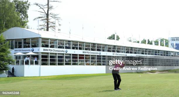 Markus Kinhult of Sweden plays his third shot on the 18th hole during day three of the BMW PGA Championship at Wentworth on May 26, 2018 in Virginia...