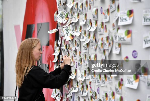 Woman writes a note on the Savita Halappanavar mural as the results in the Irish referendum on the 8th amendment concerning the country's abortion...