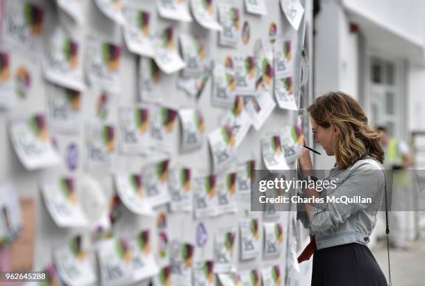 Woman writes a note on the Savita Halappanavar mural as the results in the Irish referendum on the 8th amendment concerning the country's abortion...