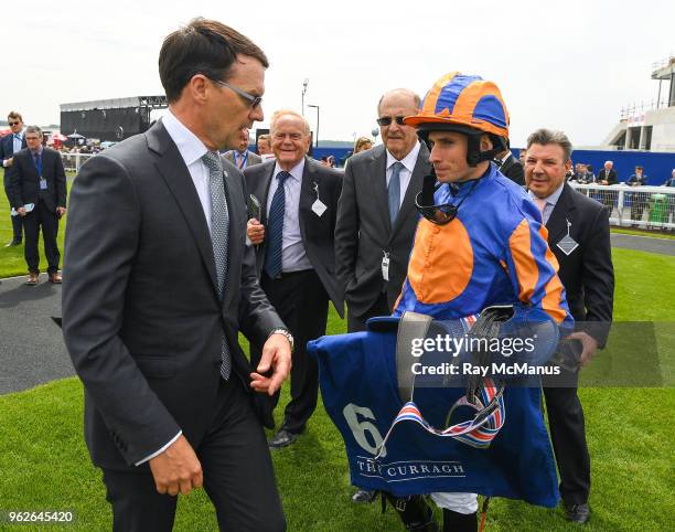 Kildare , Ireland - 26 May 2018; Trainer Aidan O'Brien, left, and jockey Ryan Moore after winning The Irish Stallion Farms EBF Fillires Maiden Race...