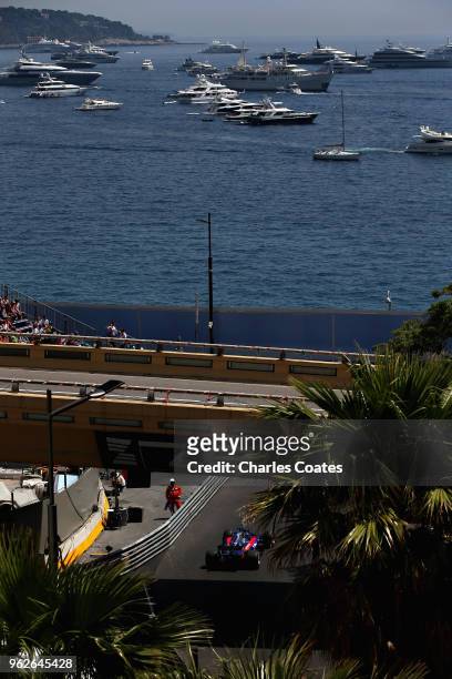 Brendon Hartley of New Zealand driving the Scuderia Toro Rosso STR13 Honda on track during final practice for the Monaco Formula One Grand Prix at...
