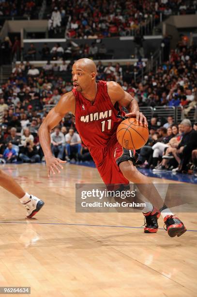 Rafer Alston of the Miami Heat moves the ball against the Los Angeles Clippers during the game on January 10, 2010 at Staples Center in Los Angeles,...