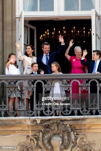 Crown Prince Frederik of Denmark with his family waves ro rhe people on the Amalienborg Palace square on the occasion of his 50th birthday on May 26,...