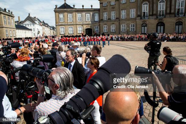 The Royal Life Guard is marching on the Amalienborg Palace Square prior to Crown prince Frederik and family appear on the balcony of the residence at...