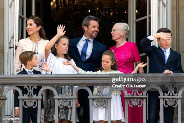 Crown Prince Frederik of Denmark with his family and Queen Margrethe waves ro rhe people on the Amalienborg Palace square on the occasion of his 50th...
