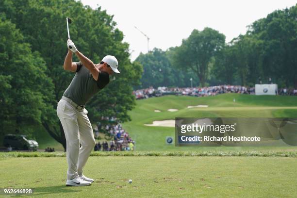Rory McIlroy of Northern Ireland tees off on the 2nd hole during the third round of the BMW PGA Championship at Wentworth on May 26, 2018 in Virginia...