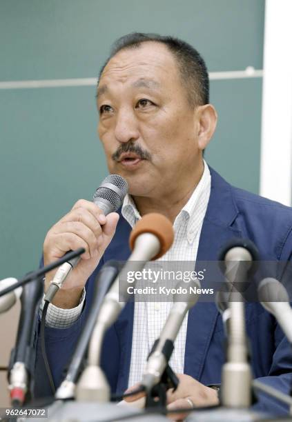 Kwansei Gakuin University American football team head coach Hideaki Toriuchi meets the press in the western Japan city of Nishinomiya on May 26, 2018...