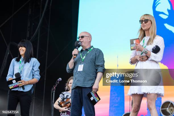 Claudia Winkleman, Ken Bruce and Sara Cox introduce Julie Fowlis at BBC Radio - The Biggest Weekend at Scone Palace on May 26, 2018 in Perth,...