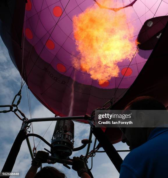 Hot air balloon is inflated during the Durham Hot Air Balloon Festival on May 26, 2018 in Durham, England. Held in the city for the second year the...