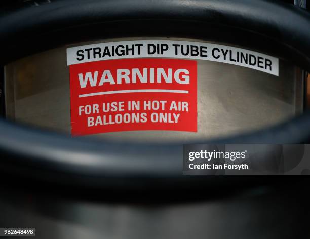 Gas cylinder is secured inside the basket of a hot air balloon during the Durham Hot Air Balloon Festival on May 26, 2018 in Durham, England. Held in...