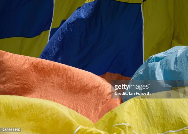 Wind blows the partially inflated envelope of a hot air balloon during the Durham Hot Air Balloon Festival on May 26, 2018 in Durham, England. Held...