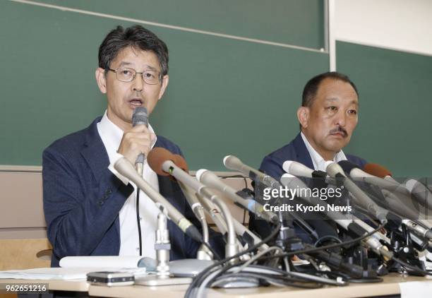 Kwansei Gakuin University American football team director Hiromu Ono and head coach Hideaki Toriuchi meet the press in the western Japan city of...