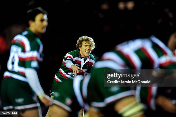 Sam Vesty of Leicester Tigers shouts instructions during the LV Anglo Welsh Cup match between Leicester Tigers and Bath at Welford Road on January...