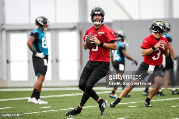 Jacksonville Jaguars quarterback Blake Bortles drops back during the Jaguars OTA on May 22, 2018 at Dream Finders Homes Flex Field at Daily's Place...