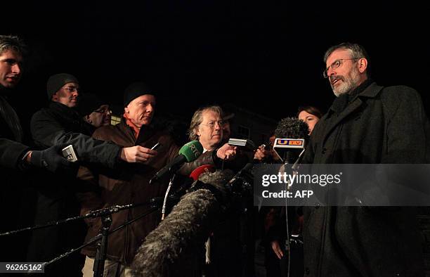 Sinn Fein President Gerry Adams speaks to the media at the front gates of Hillsborough Castle in Hillsborough, Northern Ireland on January 29, 2010....