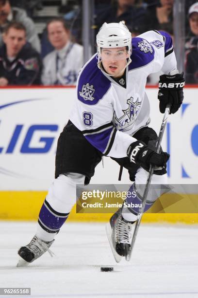Defenseman Drew Doughty of the Los Angeles Kings skates with the puck against the Columbus Blue Jackets on January 28, 2010 at Nationwide Arena in...