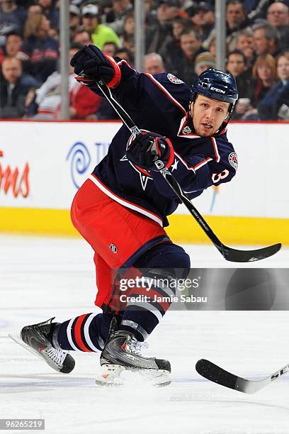 Defenseman Marc Methot of the Columbus Blue Jackets skates with the puck against the Los Angeles Kings on January 28, 2010 at Nationwide Arena in...