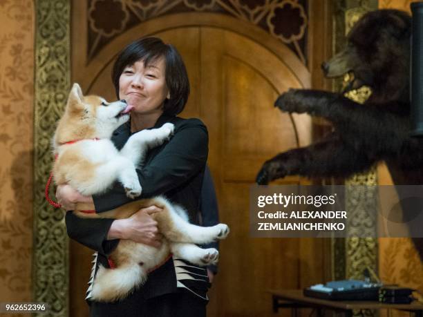 Japanese Prime Minister's wife Akie Abe holds an Akita Inu puppy named Masaru in her ams during their official visit to Moscow, Russia, on May 26,...