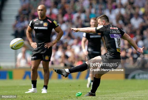 Joe Simmonds of Exeter Chiefs takes a penalty and misses during the Aviva Premiership Final between Saracens and Exeter Chiefs at Twickenham Stadium...