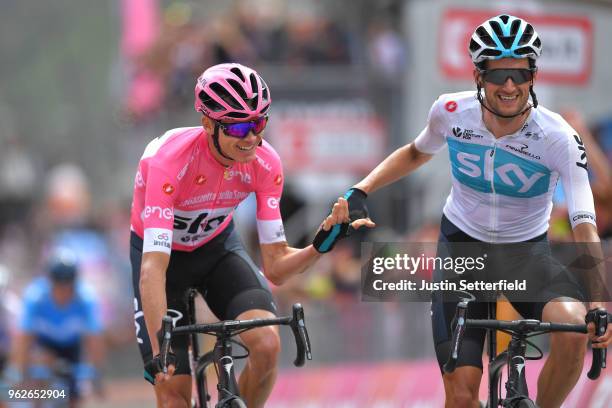 Arrival / Christopher Froome of Great Britain and Team Sky Pink Leader Jersey / Wout Poels of The Netherlands and Team Sky / Celebration / during the...
