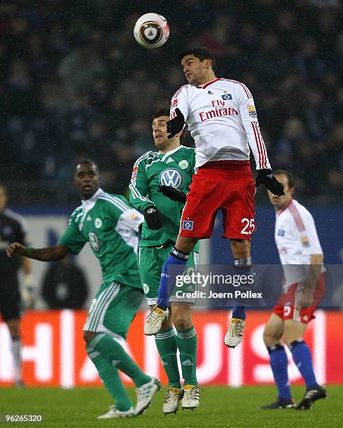 Tomas Rincon of Hamburg and Christian Gentner of Wolfsburg battle for the ball during the Bundesliga match between Hamburger SV and VfL Wolfsburg at...