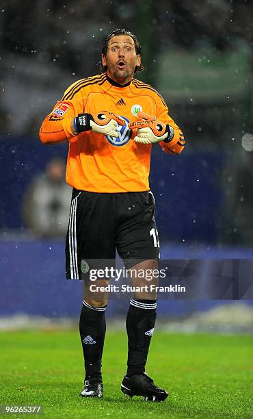 Andre Lenz of Wolfsburg gestures during the Bundesliga match between Hamburger SV VfL Wolfsburg at HSH Nordbank Arena on January 29, 2010 in Hamburg,...