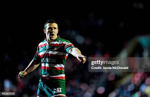 Ryan Davis of Leicester Tigers shouts instructions during the LV Anglo Welsh Cup match between Leicester Tigers and Bath at Welford Road on January...