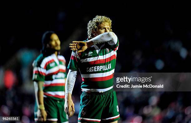 Sam Vesty of Leicester Tigers looks on during the LV Anglo Welsh Cup match between Leicester Tigers and Bath at Welford Road on January 29, 2010 in...