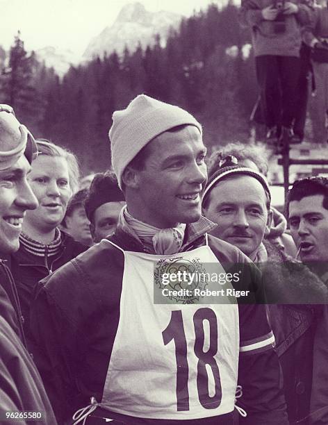 Toni Sailer of Austria smiles after winning a Gold Medal in alpine skiing during the 1956 Winter Olympics in Cortina d'Ampezzo, Italy. Sailer won...
