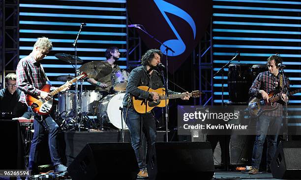 Musicians Nels Cline, Jeff Tweedy and John Stirratt of the music group Wilco at the 2010 MusiCares person of the year tribute To Neil Young...