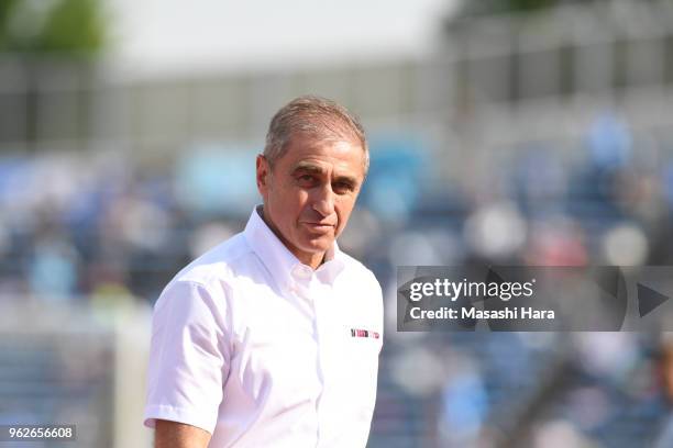 Bosko Gjurovski, coach of Kyoto Sanga looks on during the J.League J2 match between Kyoto Sanga and Yokohama FC at Nishikyogoku Stadium on May 26,...