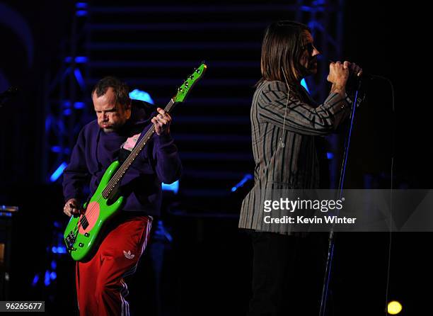 Musicians Flea and Anthony Kiedis of the Red Hot Chili Peppers at the 2010 MusiCares person of the year tribute To Neil Young rehearsals held at the...