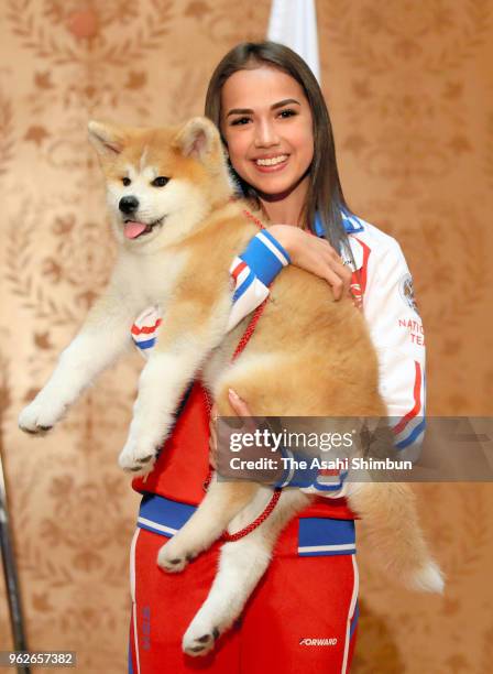 Pyeongchang Olympic Figure Skating Ladies Singles gold medalist Alina Zagitova holds 'Masaru' Akita inu dog presented by Japan on May 26, 2018 in...