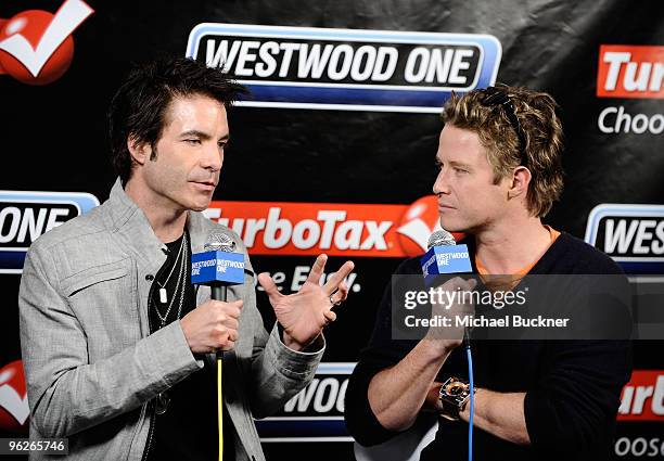 Actor Pat Monahan and TV Personality Billy Bush attend the 52nd Annual GRAMMY awards backstage at the GRAMMYs Day 1 held at at Staples Center on...