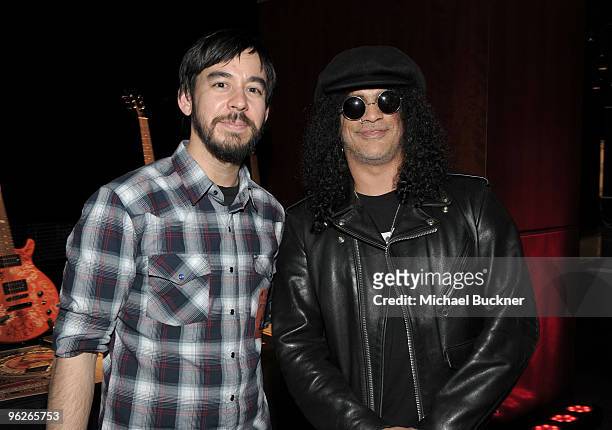 Musician Mike Shinoda of Linkin Park and Musician Slash attend the 52nd Annual GRAMMY awards backstage at the GRAMMYs Day 1 held at at Staples Center...