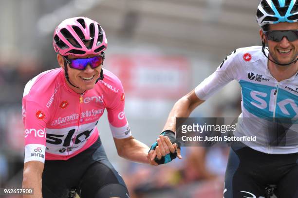 Arrival / Christopher Froome of Great Britain and Team Sky Pink Leader Jersey / Wout Poels of The Netherlands and Team Sky / Celebration / during the...