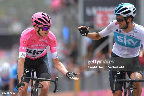 Arrival / Christopher Froome of Great Britain and Team Sky Pink Leader Jersey / Wout Poels of The Netherlands and Team Sky / Celebration / during the...