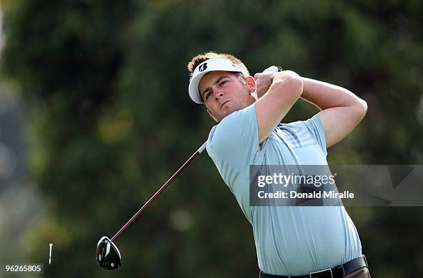 Matt Every tees off the 18th hole during the second round of the 2010 Farmers Insurance Open on January 29, 2010 at Torrey Pines Golf Course in La...