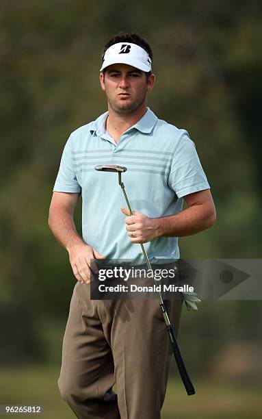 Matt Every reacts to a putt on the 17th hole during the second round of the 2010 Farmers Insurance Open on January 29, 2010 at Torrey Pines Golf...