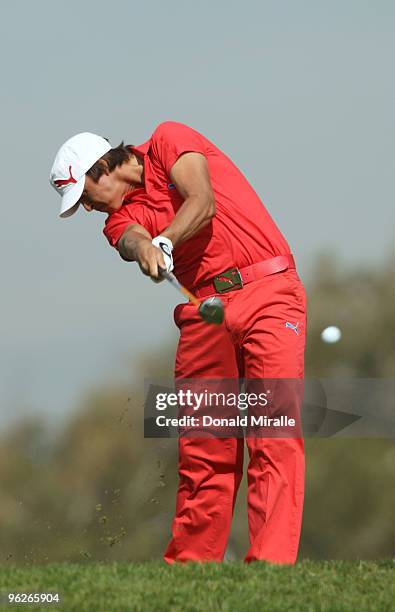 Rickie Fowler tees off the 2nd hole during the second round of the 2010 Farmers Insurance Open on January 29, 2010 at Torrey Pines Golf Course in La...