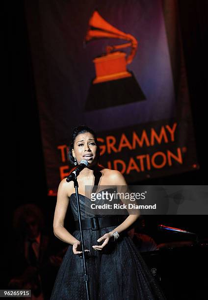 Singer Melanie Fiona performs onstage at the Music Preservation Project "Cue The Music" held at the Wilshire Ebell Theatre on January 28, 2010 in Los...