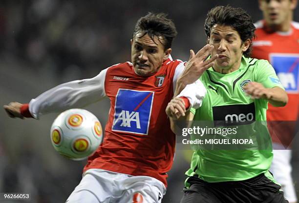 Braga´s midfielder Marcio "Mossoro" from Brazil vies with Sporting CP´s midfielder chilean Matias Fernandez during their Portuguese league football...