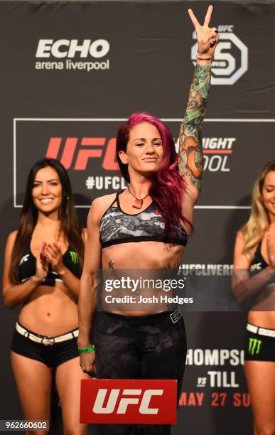 Gina Mazany poses on the scale during the UFC Weigh-in at ECHO Arena on May 26, 2018 in Liverpool, England.