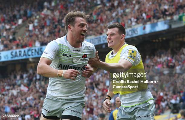 Saracens' Chris Wyles celebrates scoring his sides second try during the Aviva Premiership Final between Exeter Chiefs and Saracens at Twickenham...
