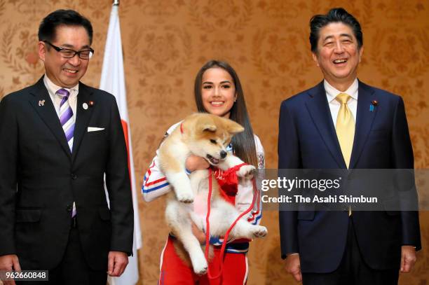 Pyeongchang Olympic Figure Skating Ladies Singles gold medalist Alina Zagitova holds 'Masaru' Akita inu dog presented by Japan on May 26, 2018 in...