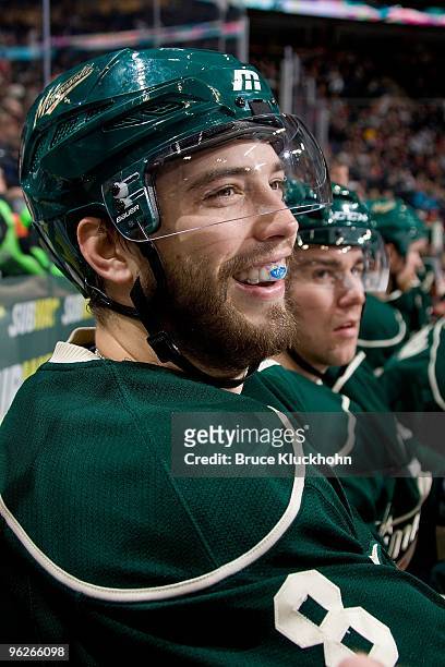 Brent Burns of the Minnesota Wild jokes with some teammates during the game against the Columbus Blue Jackets at the Xcel Energy Center on January...