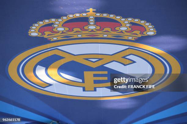View of Real Madrid's logo before the UEFA Champions League final football match between Liverpool and Real Madrid at the Olympic Stadium in Kiev,...
