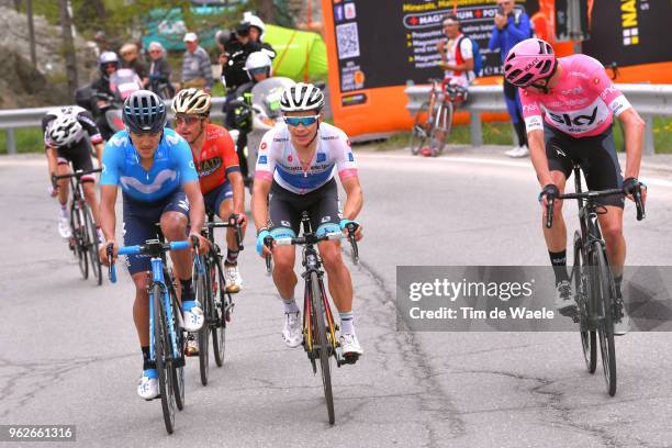 Christopher Froome of Great Britain and Team Sky Pink Leader Jersey / Miguel Angel Lopez of Colombia and Astana Pro Team White Best Young Rider...