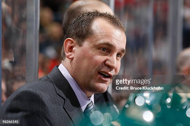 Head Coach Todd Richards of the Minnesota Wild talks with his players during the game against the Columbus Blue Jackets at the Xcel Energy Center on...